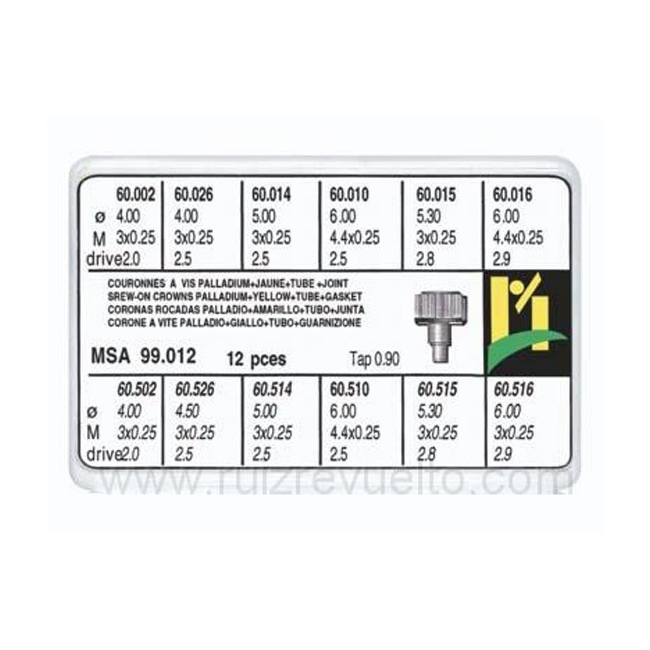 surtido 12 coronas roscadas con tubo de caja R-90 cha y pl.