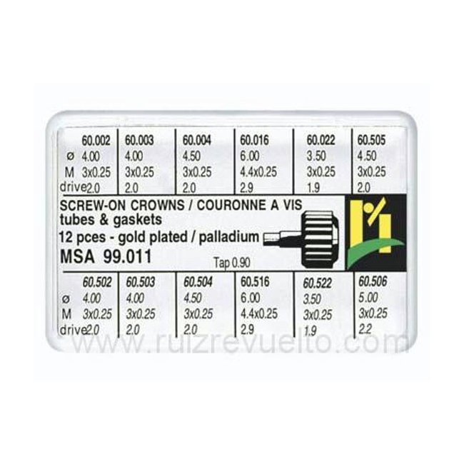 Surtido 12 coronas roscadas con tubo de caja R-90 chapadas