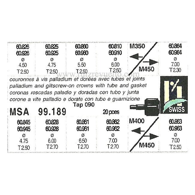 Surtido 20 coronas roscadas con tubo de caja acero y chapado